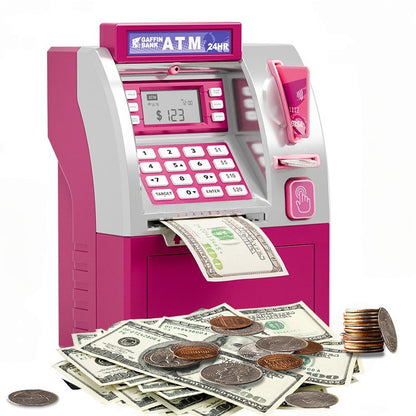 Toy ATM machine with money and coins on a white background