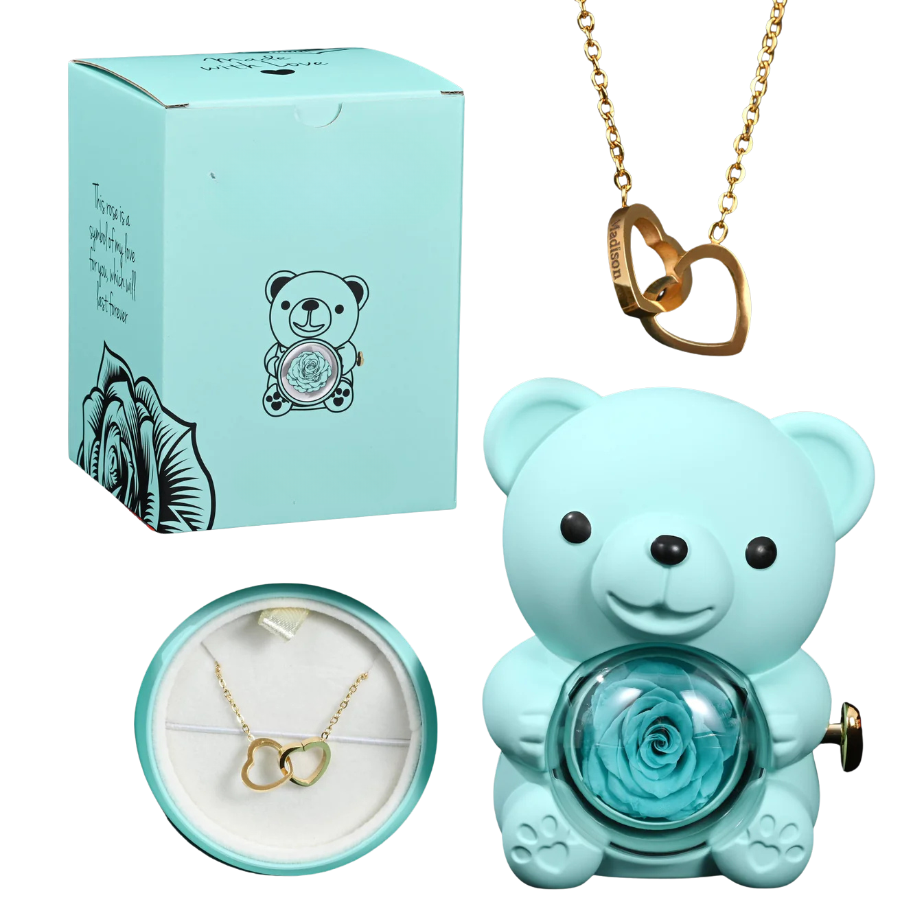Rose Bear with Necklace – Engraved with Your Names