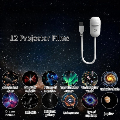 Projector device with cable on a space-themed background displaying various projected images.